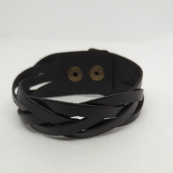 Black Braided 🖤Faux Leather Snap Cuff Bracelet Biker Southwest Style 8.5 inch - Picture 2 of 12